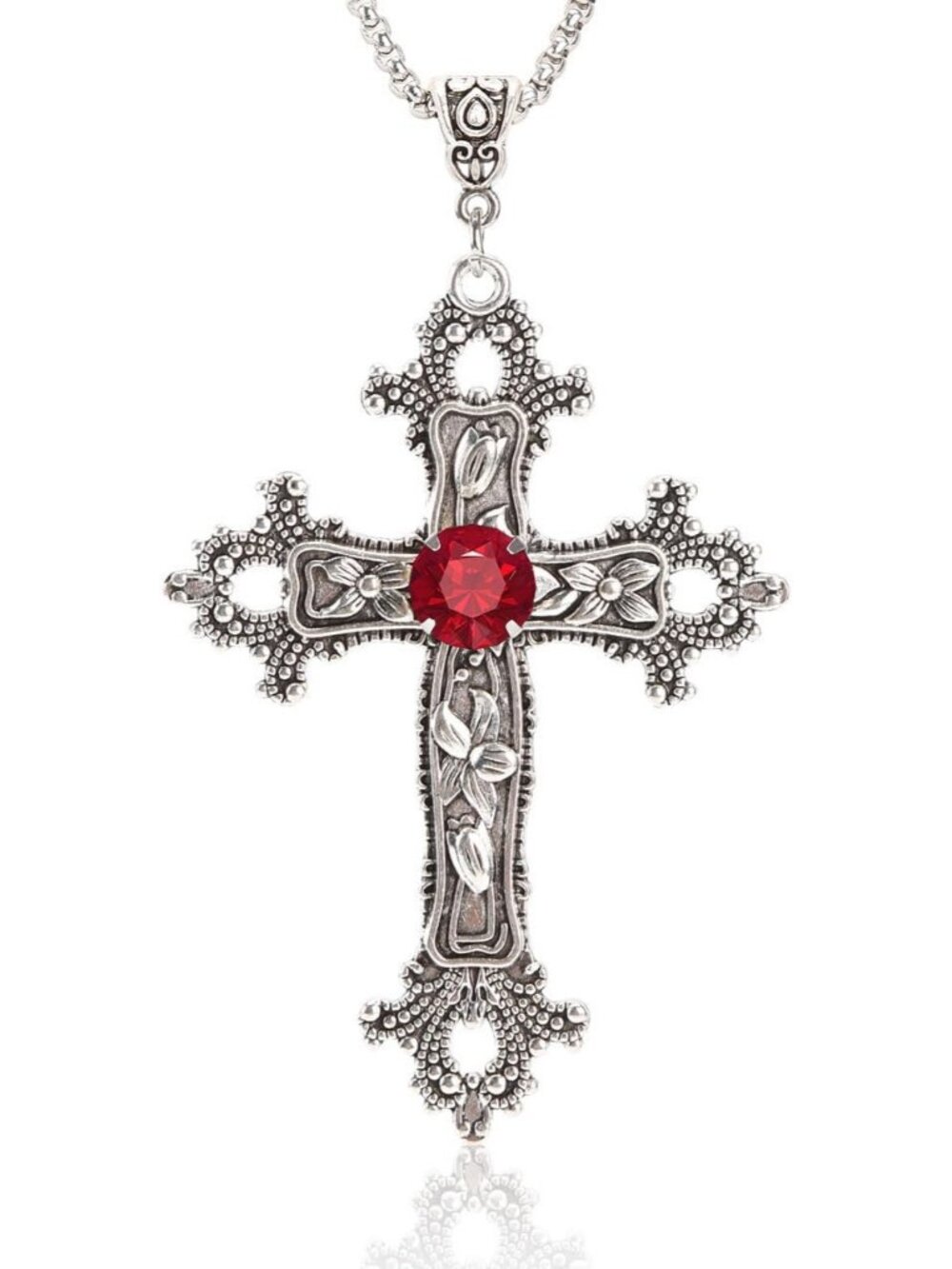 Men’s Red Silver Gothic Fashion Cross Necklace with Glass Stone, 25” Steel Chain